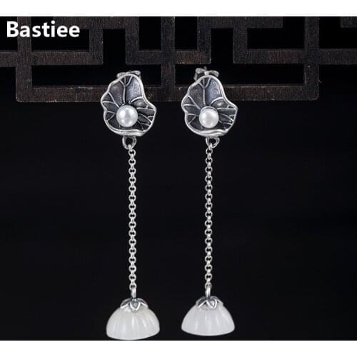 Bastiee Vintage 925 Sterling Silver Earrings For Women Jade Pearl Lotus Flower Seedpod Dangle Earings Jewelery Hanfu Accessories