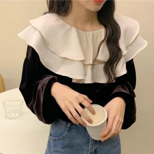 Blouse Women Temperament Patchwork Ruffles Lantern Sleeve O-Neck Velour Female All-match Student Korean Style New