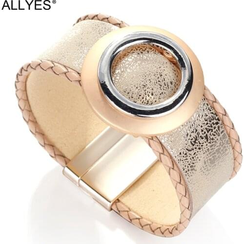 ALLYES Simple Circle Charm Leather Bracelets for Women Fashion Elegant Ladies Wide Wrap Bracelet Femme Jewelry Girlfriend Gift