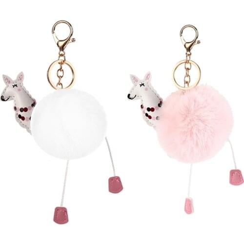 Lovely Cartoon Alpaca Fluffy Fur Ball Key Chain Chaveiro Soft Pompom Animal Fur Ball Auto Keychain Women Key Ring Gifts Llaveros