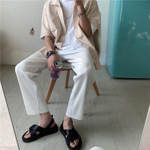 Summer Pleated Pants Mens Korean Fashion Loose Solid Color Casual Pants Boys Harajuku Streetwear Ice Silk Straight Trousers Men