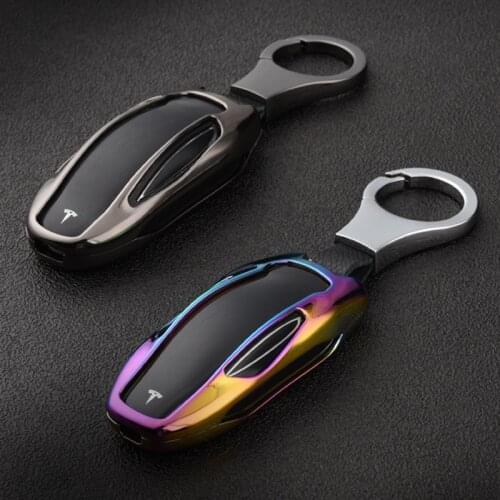 Colour Metallic Key Case For Tesla Model 3 S Y X Car Keys Fob Holder Protect Bag Keychain Cover With Strap