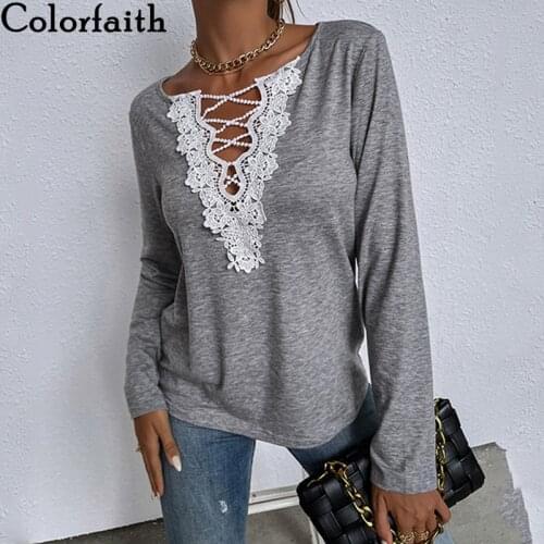 Colorfaith New 2021 Womens Spring Autumn T-shirt Bottoming Basic Korean Floral Fashionable Wild Lady Cutout Sexy Tops T8686AB