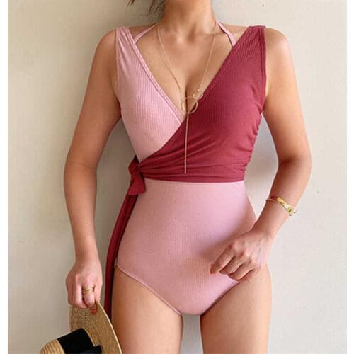 Korean Halter Neck Deep V Contrast Color Side Bow Tie High Waist Backless Small Fresh And Sweet One-Piece Hot Spring Swimsuit