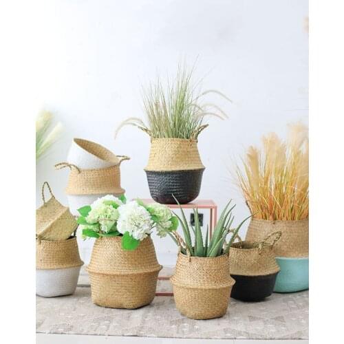 Seaweed Woven Flower Basket Flower Pot Handmade Rattan Blue Double Ear Folding Storage Storage Nordic Style Decoration