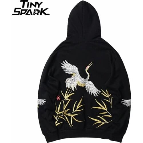 Men Hip Hop Streetwear Hoodie Harajuku Embroidery Crane Gold Leaf Hoodie Sweatshirt 2021 Autumn Pullover Hoodies Japan Style