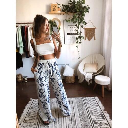 New Women Tank + Loose Trousers Sets Fashion Floral Print Elastic Waist Drawstring Sexy Navel 2pcs Suits Summer Clothing Outfits