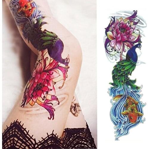 New 1 Piece Temporary Tattoo Sticker Beautiful peacock Full Flower Tattoo with Arm Body Art Big Large Fake Tattoo Sticker