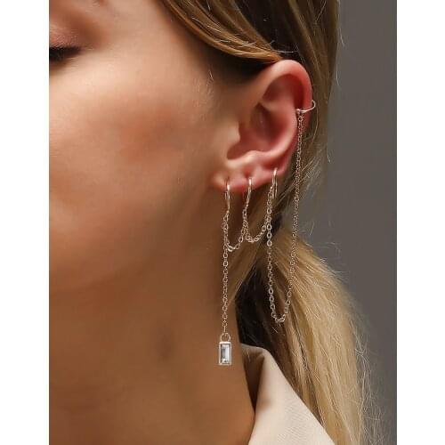 Long Crystal Pendant Dangle Earrings Fashion Multilayer Chain Tassel Ear Clip Street Style Jewelry Korean Fashion