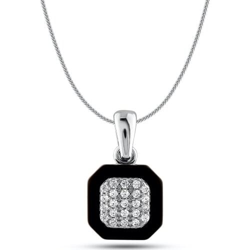 Women Black Handmade Silver Necklace Stoneworked Womens Necklace with Square Motive Solid 925 Sterling Silver