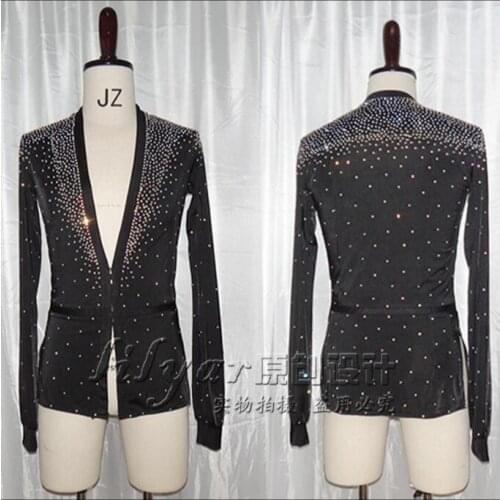 New mens Latin dance performance clothing shirt competition suit costume shirt T-shirt black V-neck Rhinestone