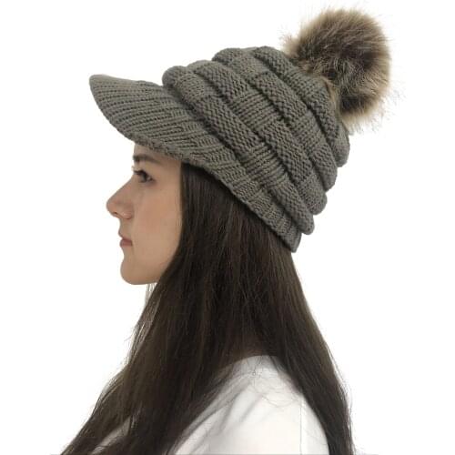 Newsboy Cap Winter Hat Visor Beret Cold Weather Knitted Chunky Baggy Hat with Faux Fur Pompom Winter Soft Warm Ski Cap