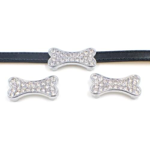 Silver Crystal Dog Bone Slide Charms Flat Hole Metal Beads Keeper Fit 10mm Stainless Steel Mesh Bracelets DIY Jewelry Making