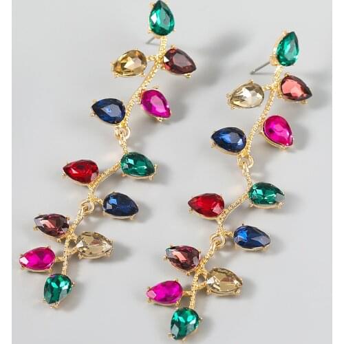 Pauli Manfi Fashion Metal Rhinestone Long Leaf Flower Earrings Girl Creative Pop Dangle Earrings Party Accessories