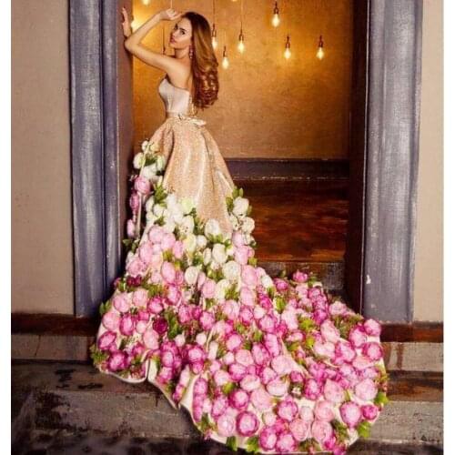 SuperKimJo Gold Sequin Prom Dresses Ball Gown Handmade Flowers Sparkly Strapless Prom Gowns Vestido De Fiesta De Boda 2021