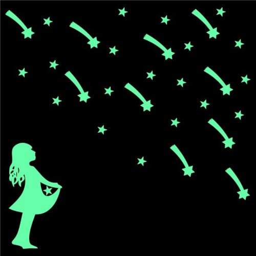 Little Girl Catching Meteor Stars Luminous Wall Stickers Funny Cartoon Glow in the Dark Wall Decals for Kids Rooms Home Decor