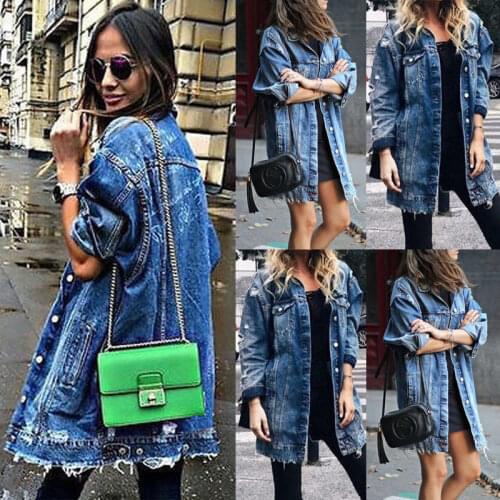 Brand New Womens Basic Coat Holes Baggy Denim Jacket Long Sleeve Loose Street Style Outwear Winter NEW