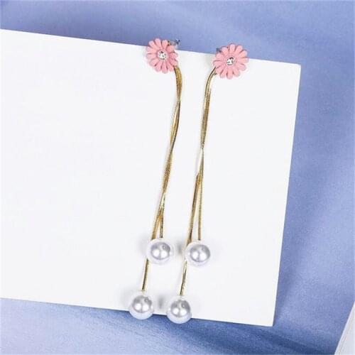 Cute Pink Flower Long Earrings For Women Fashion Simulated Pearl Tassels Drop Earrings Oorbellen Gift Girls Jewelry