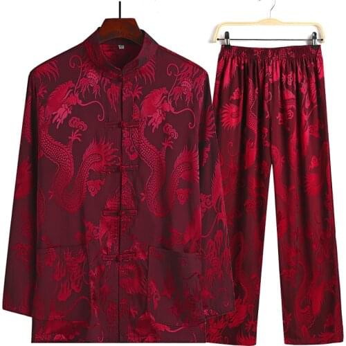 Plus Size New Chinese Style Mens Tang Suit Sets Long Sleeve Long Pants Dragon Kung Fu Suit Satin Silk Wu Shu Tai Chi Sets