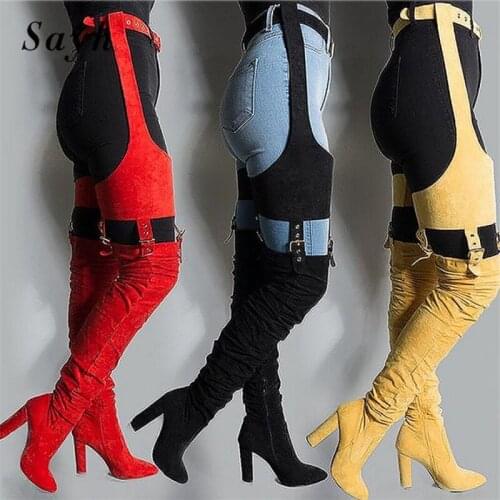Winter Women Over Knee High Heels Boots Buckle Sexy Stripper Shoes clubwear Dance Shoes Pointy Toe Stilettos Womens Pant Boots
