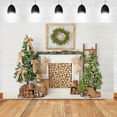 Winter Christmas Backdrop For Photography Christmas Trees Fireplace Wood Elk Scene Family Shoot Party Photo Background Photocall