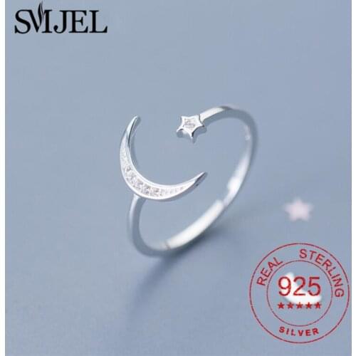 100% Sterling Silver Crystal Moon and Star Rings for Women Adjustable Size Korean Statement Fine Jewelry Cute 2021Gifts