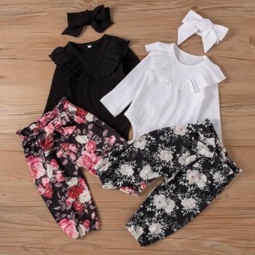 Pudcoco 0-24M 3Pcs Ruffles Baby Girls Long Sleeve Casual O-Neck Bodysuit Tops+Lace-Up Floral Pants+Headband Clothes Sets