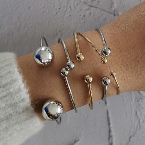 5 Pcs/Set Women Fashion Bracelets Gold Silver Color Round Bead Geometric Open Bracelet Set Ladies Simple Beach Party Jewelry