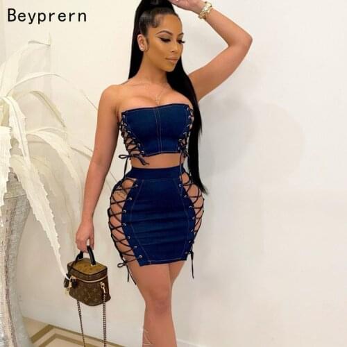 Beyprern Fashion Hollow Out Laced Denim Skirt Set (Navy) Summer Women Jeans Crop Top And Bandage Set Two-Piece Outfits Clubwear