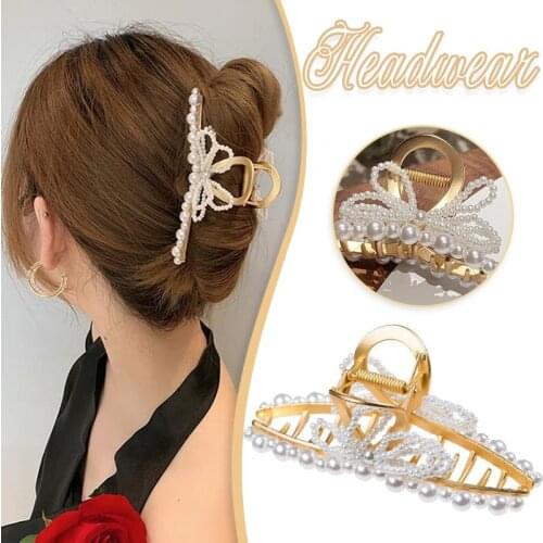 Korean Style Large Hair Claw Clip Elegant Metal Updo Hair Jaw with Beaded Butterfly Decor Shower Hair Clamps for Girls Women ML