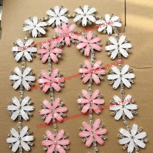 1 yard/lot 3.4cm pink white flower yard trims crystal rhinestone metal chain fashion garment and clothing decorative accessory