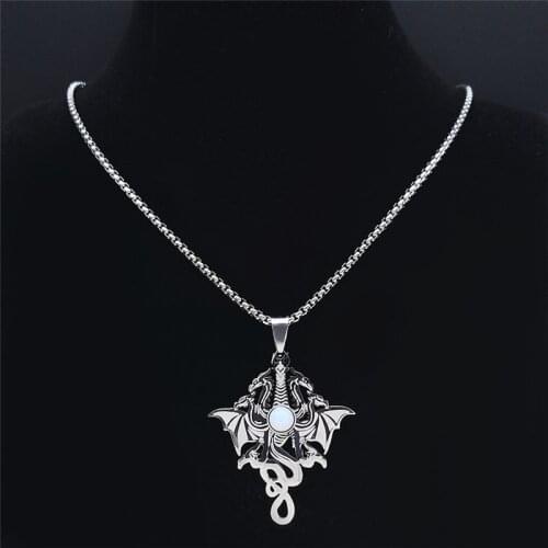 Witchcraft Fire Dragon Moonstone Stainless Steel Chain Necklace Silver Color Necklace Jewelry acero inoxidable joyeria NZ2258S02