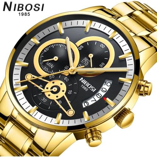 NIBOSI gold mens watches top brand Luxury watch for men quartz wristwatch Military waterproof clock male Steel Relogio Masculino