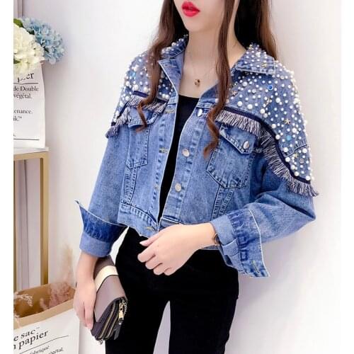 Denim Jacket 2021 Spring New Korean Fashion Beading Fringe Short Versatile Diamond Loose Women Clothing Chaqueta Vaquera Mujer