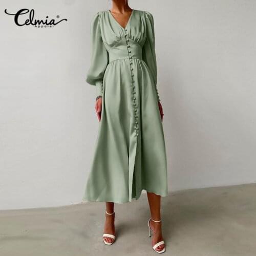 Elegant Women Midi Dress 2021 Celmia Long Lantern Sleeve High Waist Vestidos Fashion Casual V Neck Buttons Party Dresses Femme