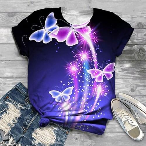 40# T Shirts For Women 3d Printing Short Sleeve O-neck Tops Tee T-shirt Tops Purple Butterfly Print Graphic Summer T-shirt Топ