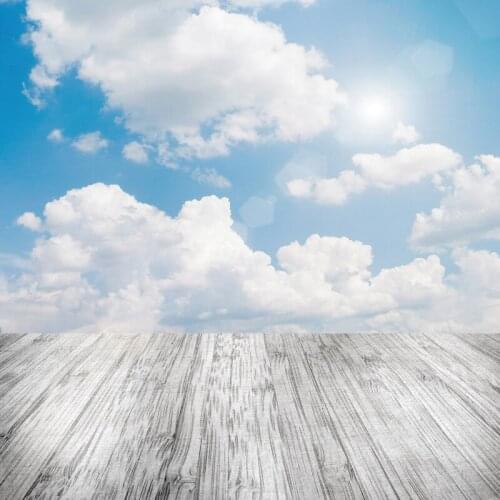 Laeacco Blue Sky Cloudy Gray Wood Floor Sunny Day Party Child Baby Scenic Photo Background Photography Backdrop Photo Studio