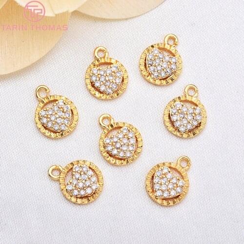 6PCS 10x8MM 24K Gold Color Brass with Zircon Round Heart-shaped Charms Pendants High Quality Diy Jewelry Findings Accessories