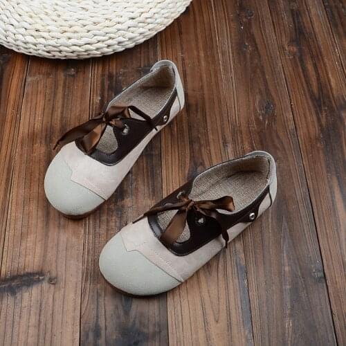 Literary Retro Doll Shoes Mori Lace-Up Flat Womens Shoes Handmade Comfort Soft Bottom Casual Single Shoes Students Pea Flats