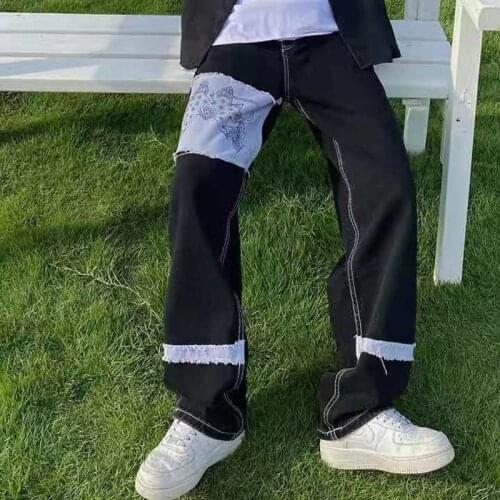 Retro Patch Pockets Straight Cashew Stars Print Denim Trousers for Men and Women Hip Hop Oversize Casual Harajuku Jeans Pants