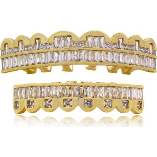 Hip Hop GRILLs Iced Out Cubic Zircon Fang Mouth Teeth Grills Caps Top & Bottom Grill Set Men Women Grills Teeth Jewelry