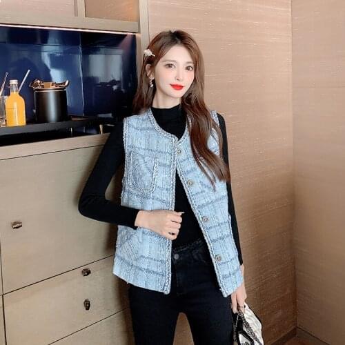 Autumn Small Fragrance Blue Tweed Vest Women Luxury Sleeveless Horse Clip Pockets Chic Jacket Chaleco De Mezclilla Mujer