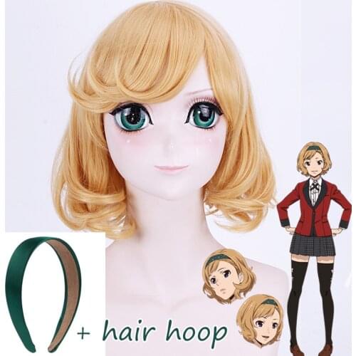 Itsuki Sumeragi Cosplay Wigs Kakegurui Short Wave Gold Hair Heat Resistant Hair Wigs With Green Hair Hoop hair band + Wig Cap