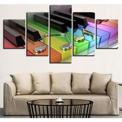 Canvas Posters Home Decor Art 5 Pieces Colorful Piano Keys And Musical Notes Paintings For Living Room Framework