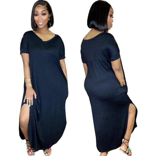 Casual Long Summer Dress for Women Short Sleeve V Neck Maxi Sundresses Solid Color 2021 Loose Clothing Bottom Slit Sexy Dresses