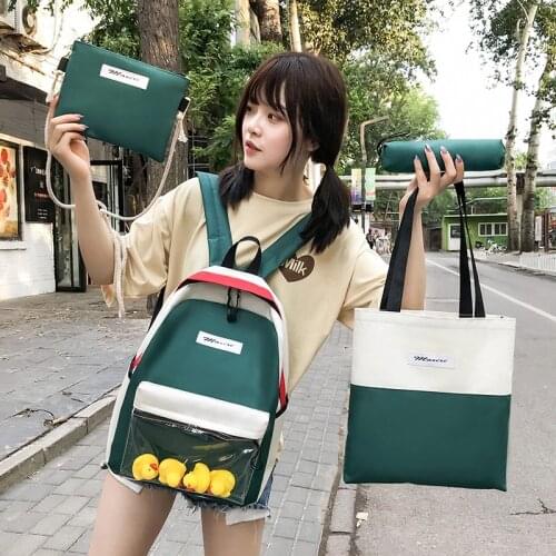 4-Piece Nylon Women Backpack Backpack School Girls Backpack Large Capacity Waterproof Travel Bag Women