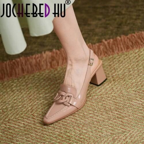 【JOCHEBED HU】2021 Women Square Heel Buckle Sandals Cow Patent Leather Female Pumps Sewing Pointed Toe Slingback Summer Shoes Siz