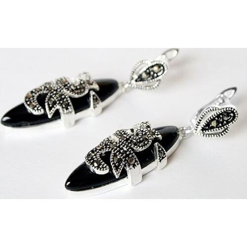 11/2" New 925 Sterling Silver & Marcasite inlay Natural BlackNatural Stone fashion Earrings