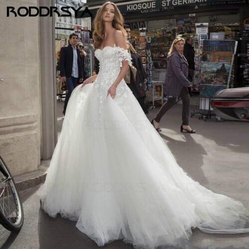 RODDRSYA Off the Shoulder Wedding Dresses Lace Appliques Tulle A-line Beach Bridal Gown Backless Princess Marriage Gowns