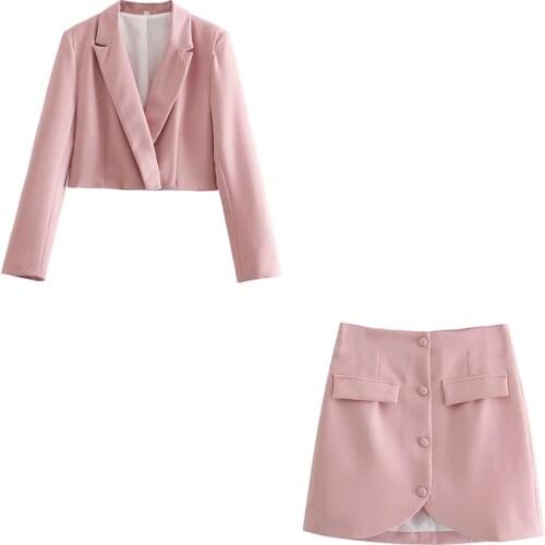 XEASY 2021 Women Two-piece Set Pink Vintage Office Lady Hidden Button Short Blazer Female Casual Slim High Waist Skirt Suit
